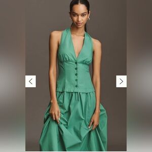 V-Neck Drop-Waist Green Midi Dress